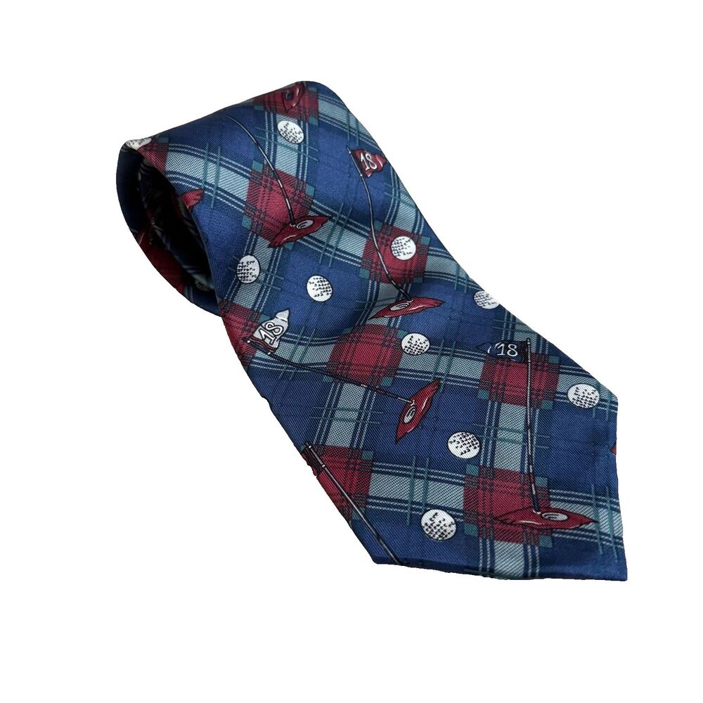 Vtg St. Andrews Rooster 100% silk tie mens blue plaid golf print novelty USA